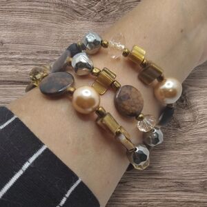 Gold and Brown Layered Bracelet Set with Heart Charm